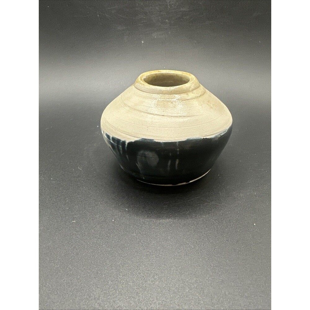 Art Pottery Vase Black And Beige Drip Glazed Signed By Artist 3” High 4” W